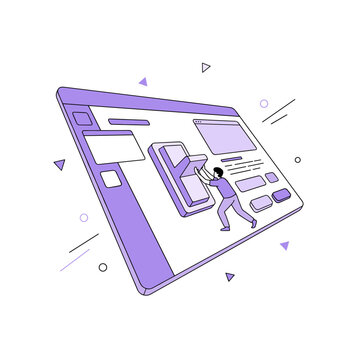 Flat vector illustration of a person pushing a giant toggle switch on a floating dashboard interface, user experience design and website management concepts