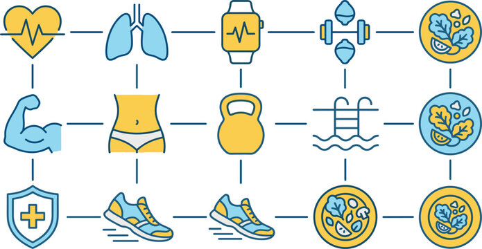 Healthy lifestyle and medical wellness linear icon grid set featuring lungs heart rate salad bowls swimming pool running shoes and kettlebell vector