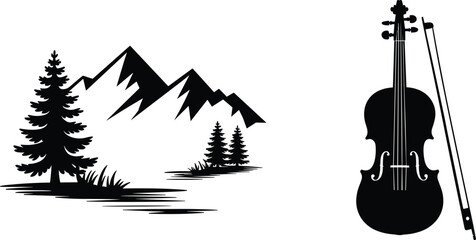 Black Silhouette Mountain Landscape and Violin Instrument Vector Illustration Isolated Nature and Music Design Set © SHOJEB