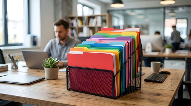 Colorful Office Folders and Document Organization in a Modern Workplace