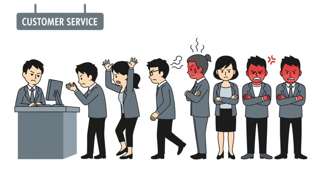 Angry Customers Queue for Customer Service, Frustration and Dissatisfaction