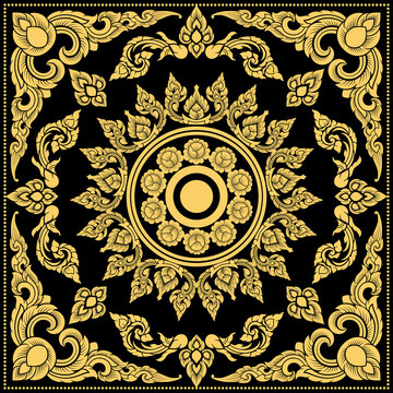 Elegant vintage gold thai traditional damask seamless pattern with ornate floral motifs on black. Ideal for luxury designs, textiles, bandana and wallpaper.