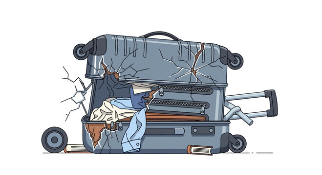 Broken Suitcase with Clothes Spilling Out, Damaged Luggage Concept