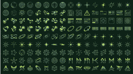 Y2K futuristic abstract geometric shapes wireframe neon cyber grid starburst elements acid graphic retro techno design vector illustration © tecna