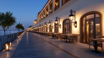 Fototapeta premium Elegant waterfront restaurant terrace with warm lighting, outdoor seating, evening ambiance