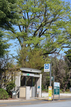 TOKYO, JAPAN - April 3, 2026: An entrance to Kokuritsu-Kyogijo Subway Station, a station located next to the MUFG Stadium, the National Stadium.