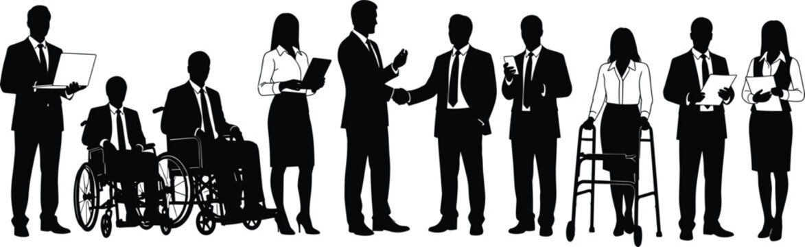 Diverse business people silhouette including disabled workers with wheelchair and walker for corporate inclusion vector