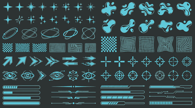 Futuristic Sci Fi UI elements set of glowing light blue interface icons isolated on dark background vector illustration