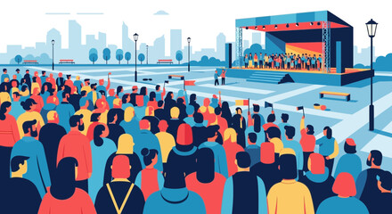 Outdoor Concert Crowd Watching Performance on Stage in City Square © zakel
