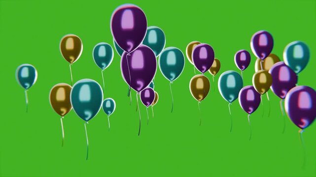 3d balloons rising on a green screen background
