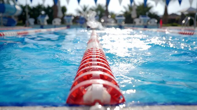 Selective focus of red and white plastic lane divider in bright blue outdoor swimming pool with swimmer splashing, concept for athletic competition, summer vacation and professional training