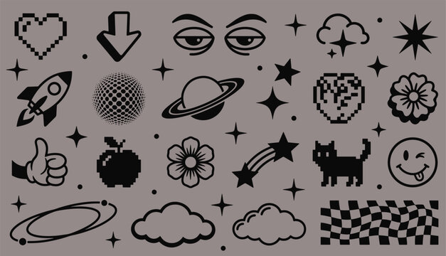 Trendy retro y2k element set cool sticker pack abstract geometric shape star flower pixel heart cat rocket smile vector illustration