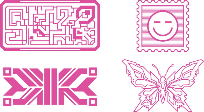 Y2K cyber tech abstract geometric shapes with circuit motherboard patterns smiley face stamp and futuristic butterfly vector illustration