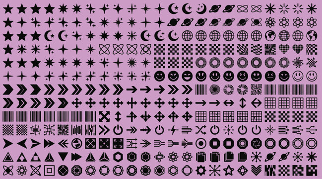 Y2K aesthetic geometric shapes and brutalist icons set including stars sparkles planets smileys and retro abstract design vector illustration