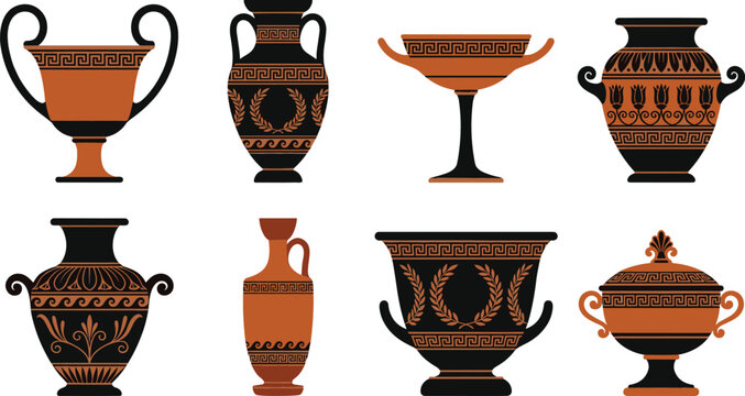 Collection of ancient Greek vase vector illustrations featuring decorative ceramic amphora, classical pottery and traditional ornamental artifact designs