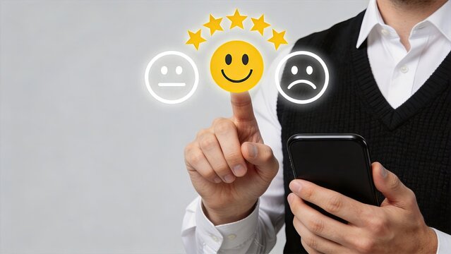 Customer satisfaction rating concept with finger touching happy smiley face icon, five stars feedback survey on smartphone screen for service quality review and user experience