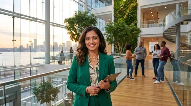Businesswoman in a green suit stands confidently in a modern glass office while her colleagues collaborate in the blurred background.