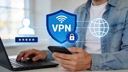 Fototapeta premium Man using laptop and smartphone with VPN security shield, protecting personal data and password from cyber threats on the internet network