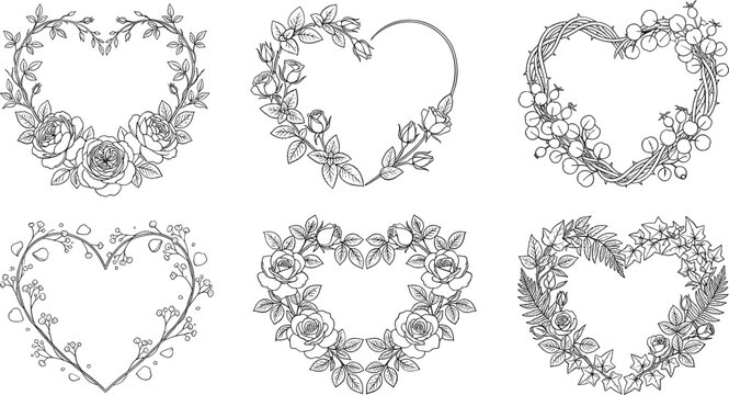Collection of heart shaped floral wreath vector illustrations featuring romantic rose frames, botanical decorations and elegant vintage flower border designs