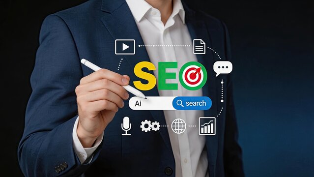 SEO search engine optimization concept with businessman writing on virtual screen, digital marketing strategy, content creation, keyword research and online visibility improvement