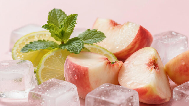 Peach slices with lime, ice cubes and mint, fresh summer mix	Used for peach drink ads, dessert packaging, summer restaurant menus, skincare ingredient visuals