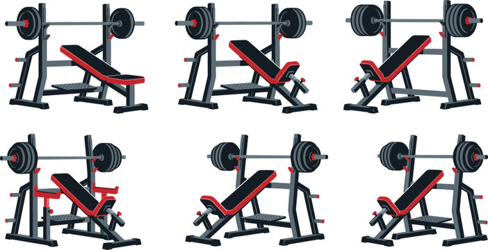 Collection of gym bench press machine vector illustrations featuring adjustable weightlifting equipment, fitness training benches and bodybuilding workout stations