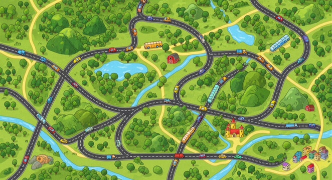 Detailed illustration of a complex toy train track system.