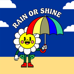 Fototapeta premium Colorful cartoon flower character holds umbrella on sunny beach