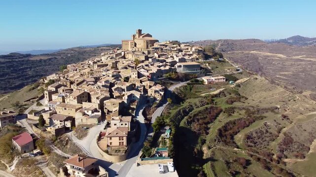 Uju&eacute;. Uxue. Navarre. Spain. Medieval village on a mountain. Aerial view. Church-fortress of Santa Mar&iacute;a. Medieval Romanesque architecture.