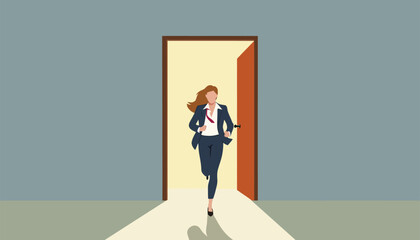 Fototapeta premium Businesswoman in a suit running through an open door, conceptual illustration of career growth and opportunity.