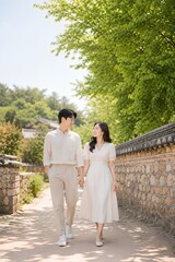 Fototapeta premium 돌담길을 걷는 커플