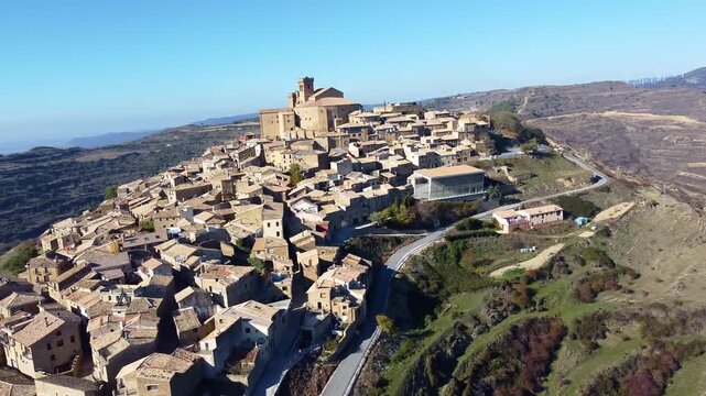 Uju&eacute;. Uxue. Navarre. Spain. Medieval village on a mountain. Aerial view. Church-fortress of Santa Mar&iacute;a. Medieval Romanesque architecture.
