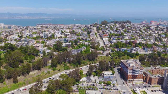 San Francisco Potrero Hill Rotating Aerial With Bay and Residential Homes 01