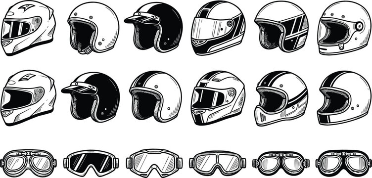 Collection of motorcycle helmet and protective goggles vector illustrations featuring racing headgear, biker safety equipment and motocross accessories