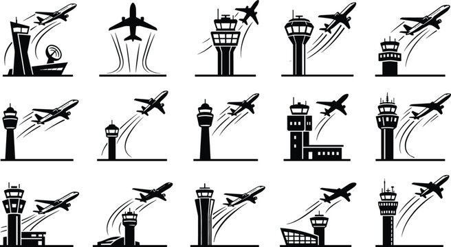 Collection of airport control tower and airplane silhouette vector illustrations featuring aviation traffic, flight departure and transportation symbols