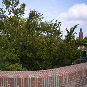 Curved brick wall and lush greenery with a historic clock tower under blue sky, Amsterdam, Holland