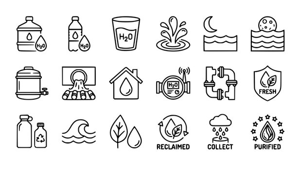 Editable Thin Line Water Utility Icons Set With Hydration And Real Estate Symbols