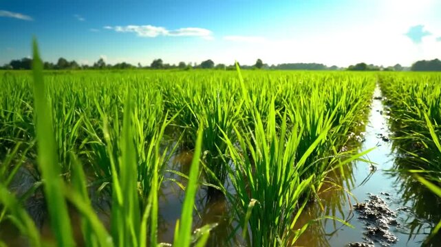 Lush green rice paddy field glistening in the sunlight with water reflecting the sky and nature's beauty