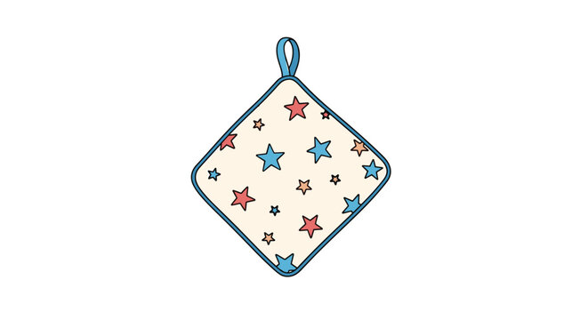 Square fabric pot holder with a blue border and a pattern of colorful stars for kitchen use against heat.