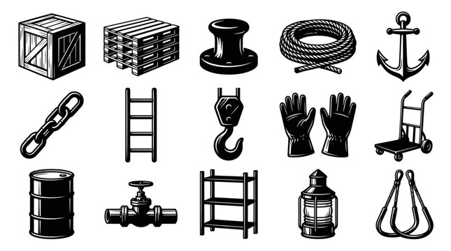 Black and White Icon Set of Industrial and Marine Equipment, Vector Illustration