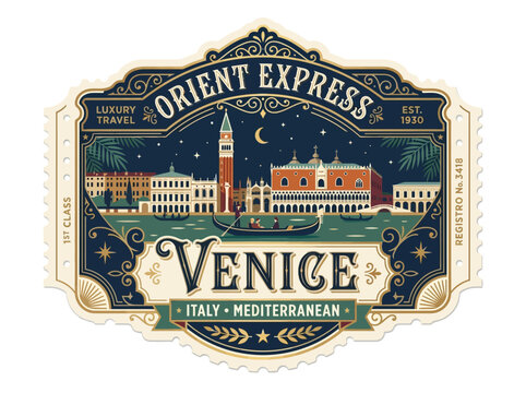 Luxury vintage luggage label featuring a scenic nighttime view of Venice, Italy, with historic buildings and a gondola.