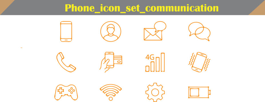 Isolated phone and communication icon set with communication collection smartphone messaging internet technology application connection transfer controller joystick cogwheel settings