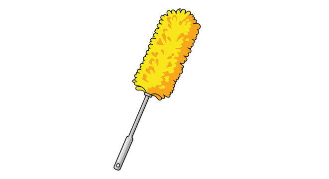 High angle illustration of a fluffy yellow duster with a grey handle used for cleaning house dust from furniture surfaces.
