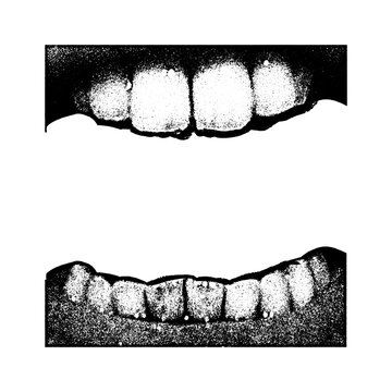 Black and white textured human upper and lower teeth close-up with textured close-up illustration isolated structure background composition negative perfection straight straightness