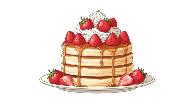 Mouth watering stack of four fluffy pancakes dripping with maple syrup and topped with fresh strawberries and whipped cream.