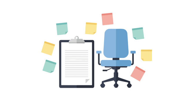 Flat vector illustration of a blue office chair and clipboard with text, surrounded by colorful floating sticky notes on a white background.
