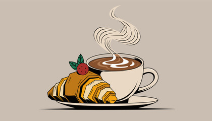 Illustration of a steaming hot coffee cup with a fresh croissant and berry on a plate, perfect for a cozy breakfast or cafe scene. © Liakum