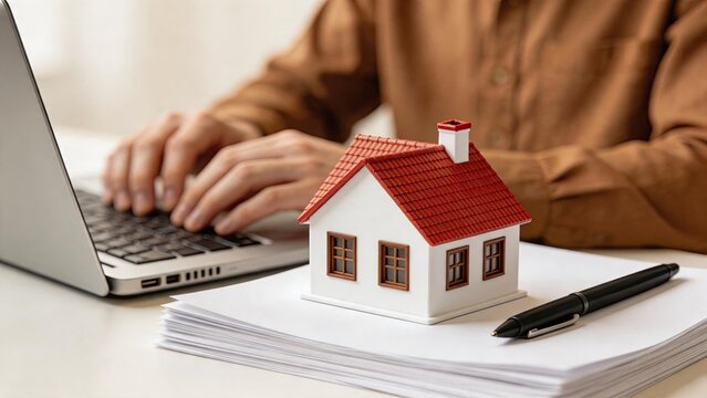 Miniature house model placed on paperwork documents beside laptop keyboard symbolizing real estate mortgage or property management.