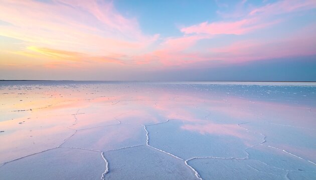 Minimalist salt flat landscape reflecting a pastel sunrise sky. Expansive, clean upper sky provides abundant copy space for meditation, spa, or luxury branding.