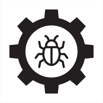 Bug icon inside a gear symbolizing software error or technical issue software technical malfunction computer programming debugging mechanism industry technology creature operation